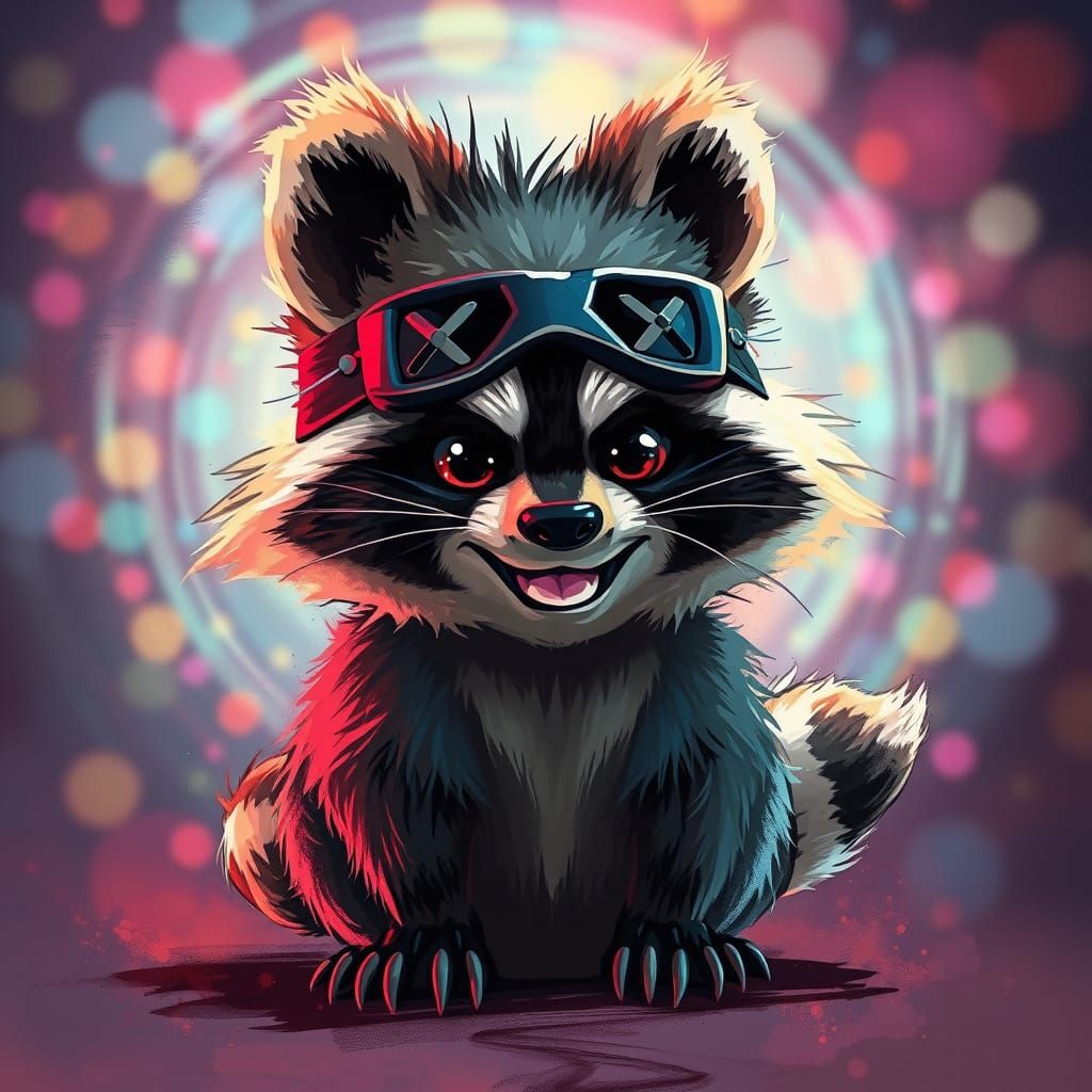 Whimsical Cyberpunk Raccoon in Glowing Neon Bokeh