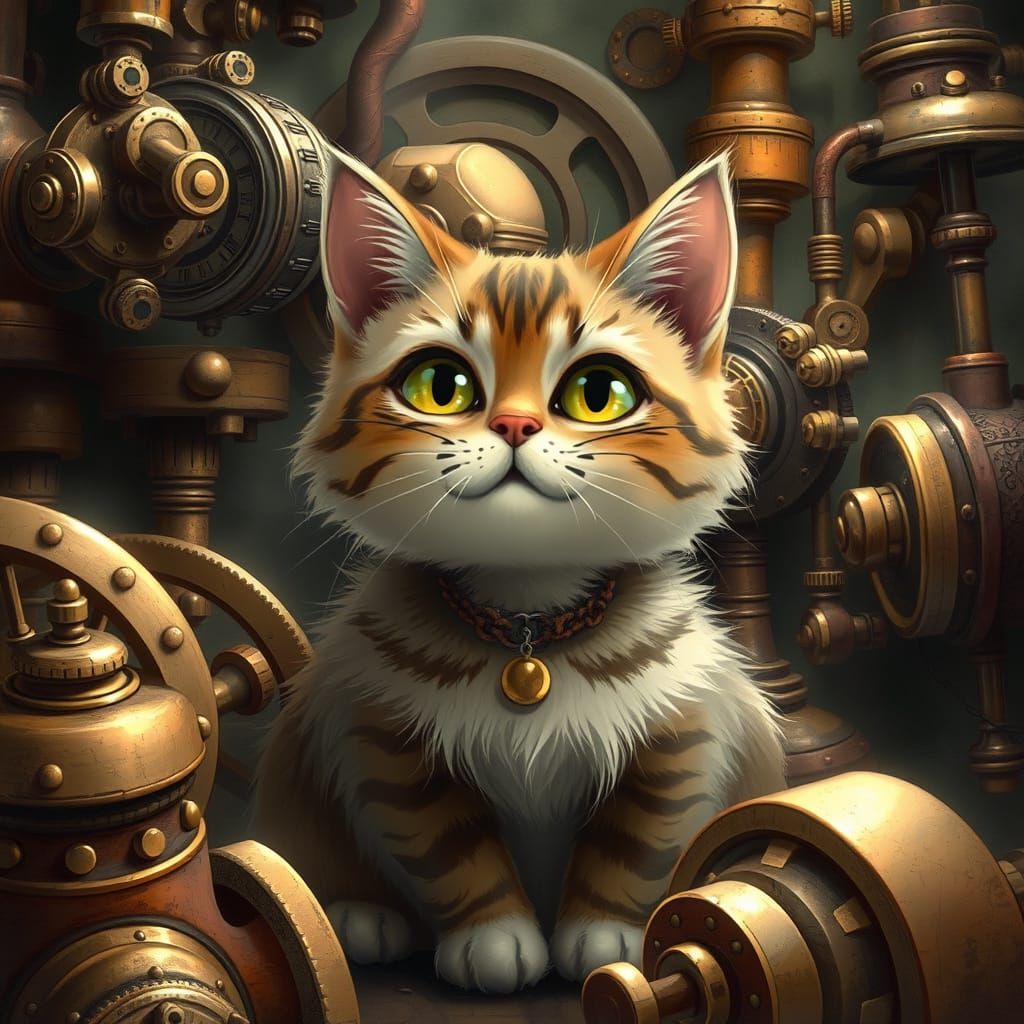 Whimsical Steampunk Cat in a Rich, Mystical World