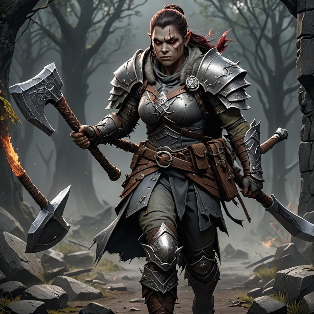 Gray Half-Orc Fighter in Detailed Matte Painting