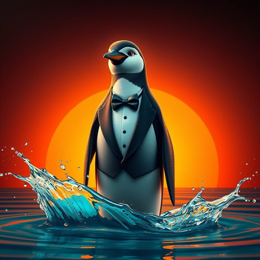 Elegant Penguin in Art Nouveau Tuxedo Against Sunset Backdro...