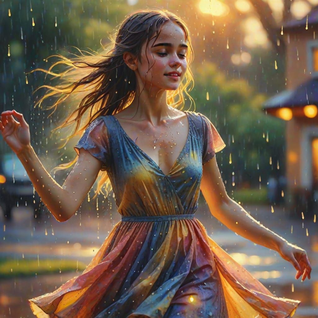 Girl Dancing in Rain: Impressionistic Watercolor