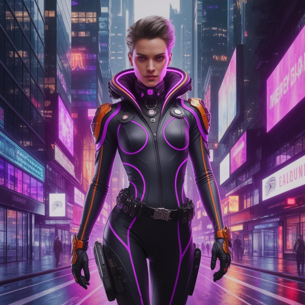 Futuristic Figure in Neon Cityscape: Cyberpunk Illustration