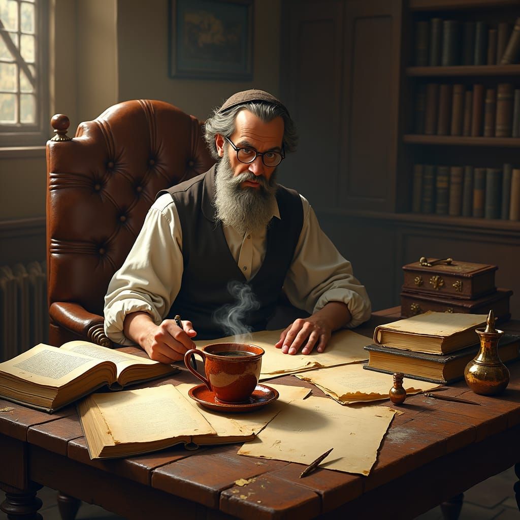 Studious Figure at Book-Laden Table, Dreamy Fantasy Art