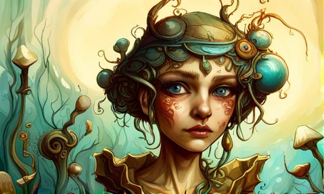 Blue Shroom Pixie Jester Portrait in Fantasycore Style