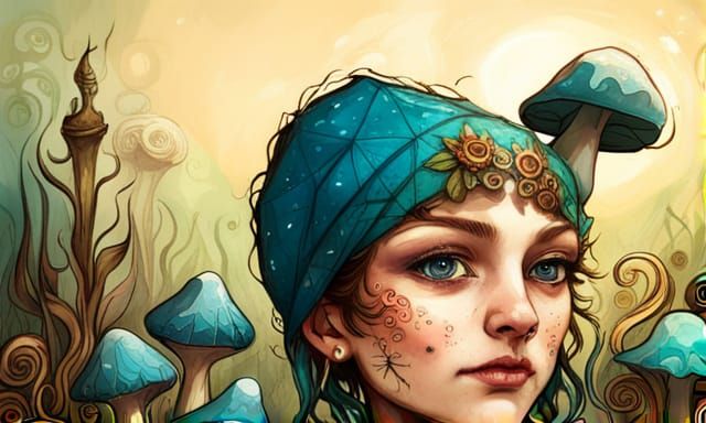 Blue Shroom Pixie Jester Portrait: Fantasycore Art