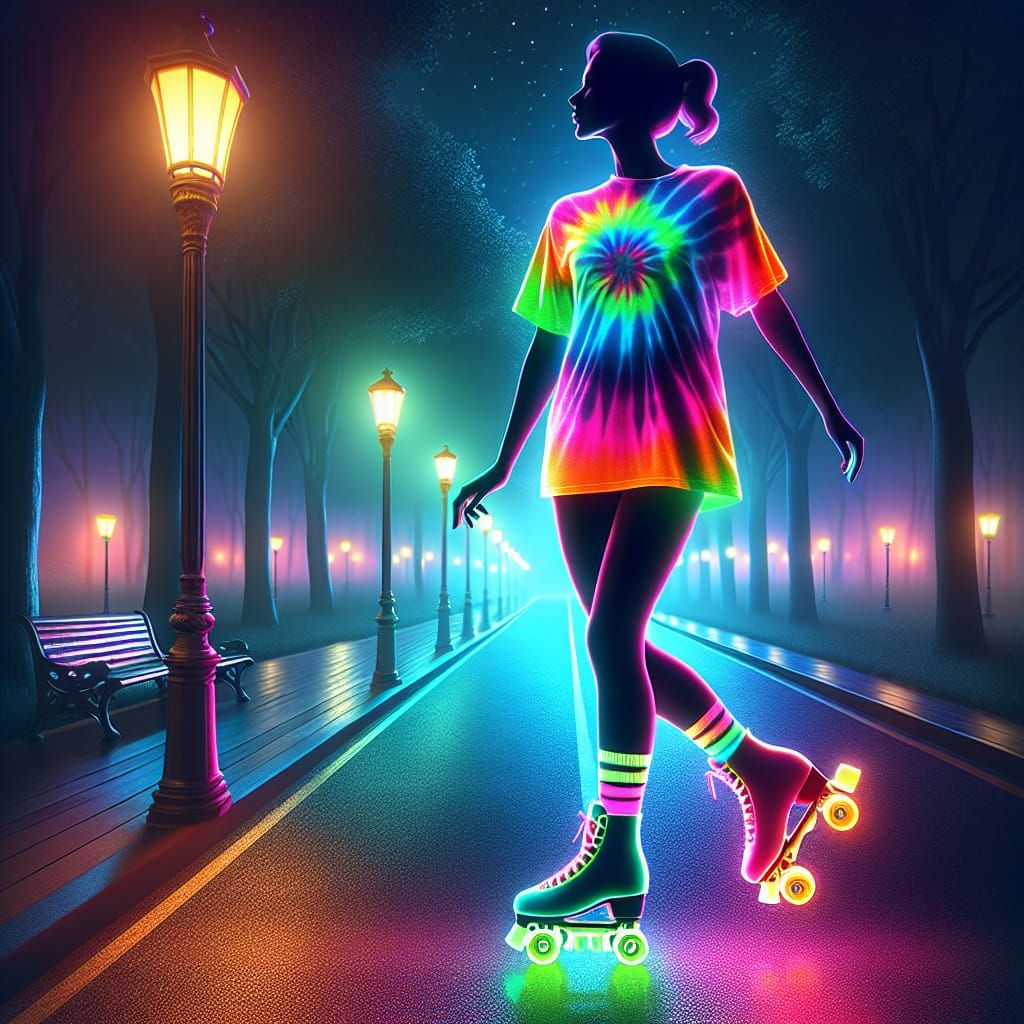 Neon Roller Skater Silhouette in Glowing Park