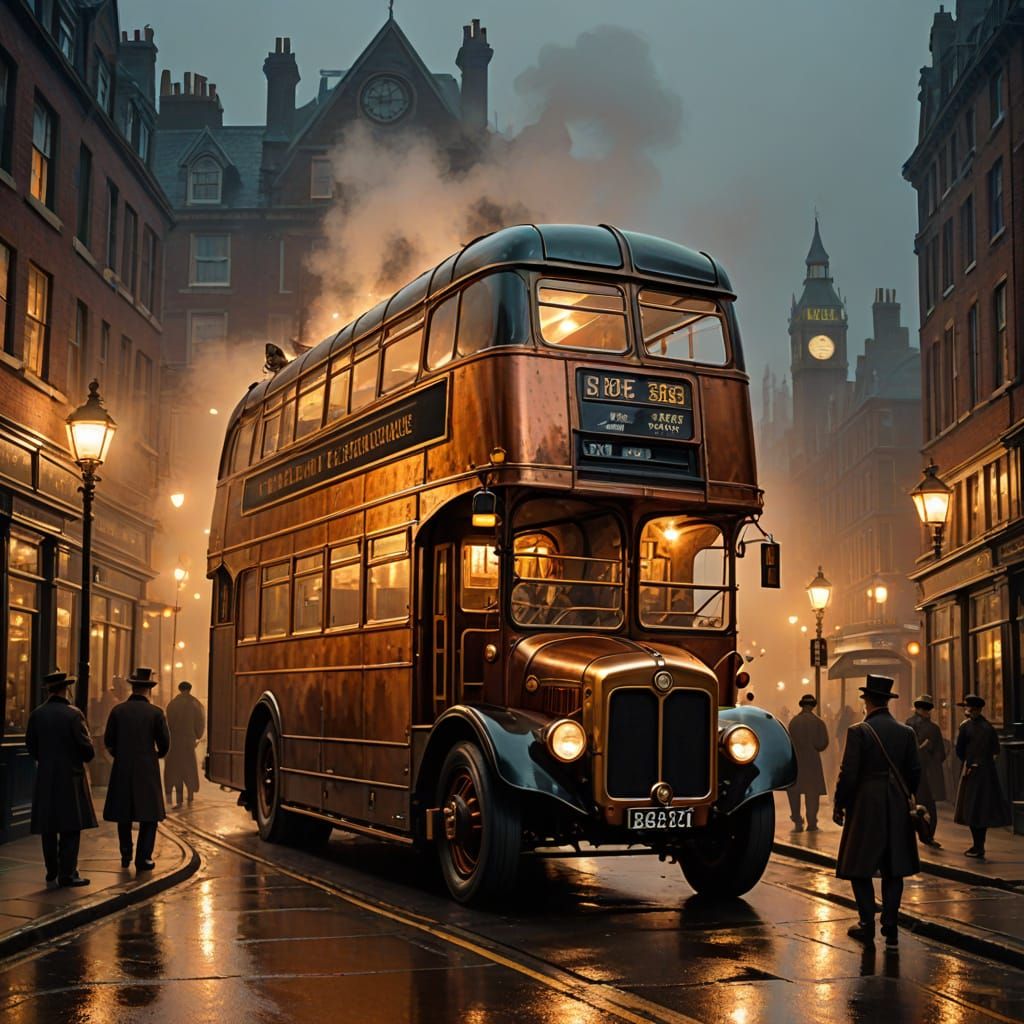 Steampunk London Double Decker Bus Illuminated by Golden Hou...