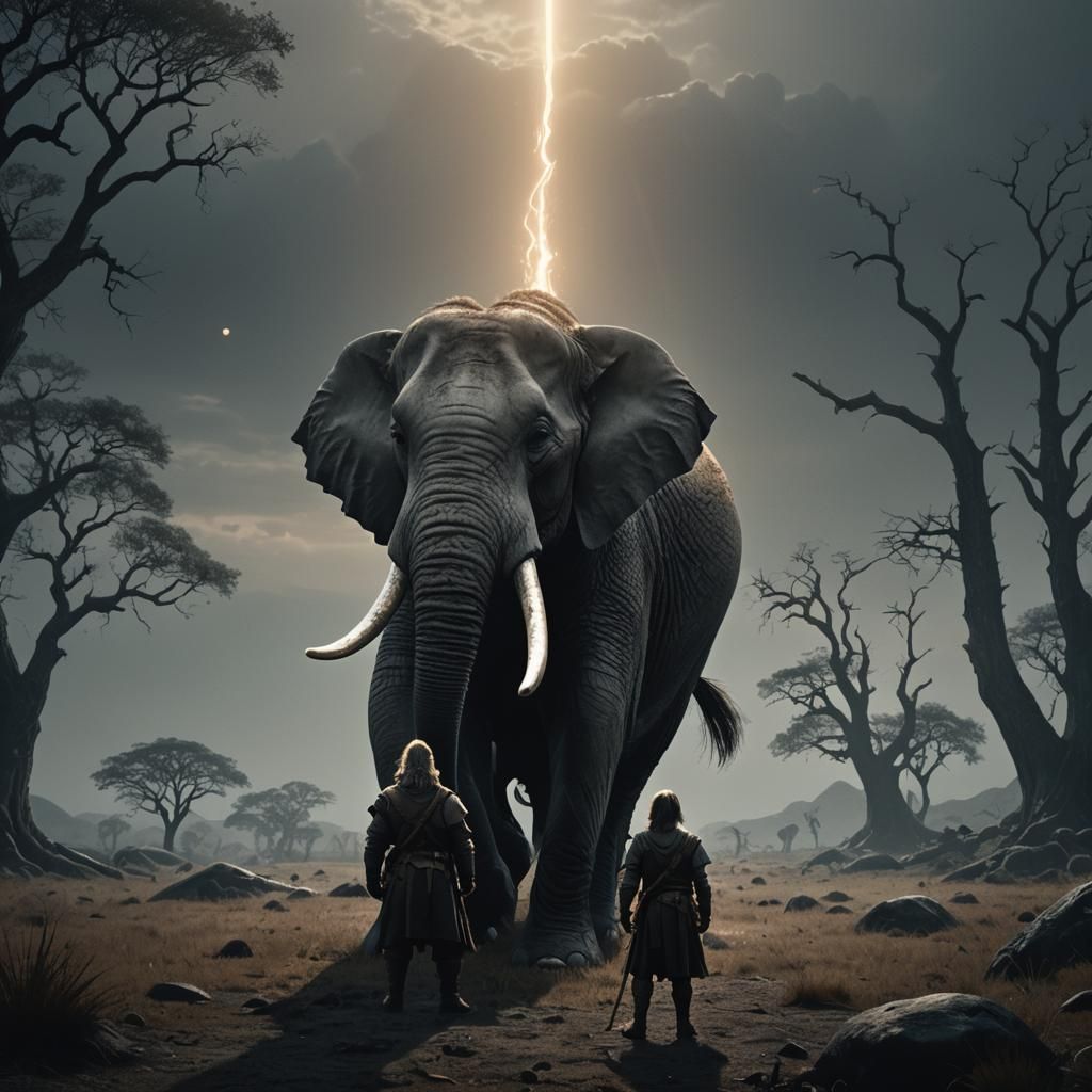 Elephant and Sword in Dark Fantasy Style
