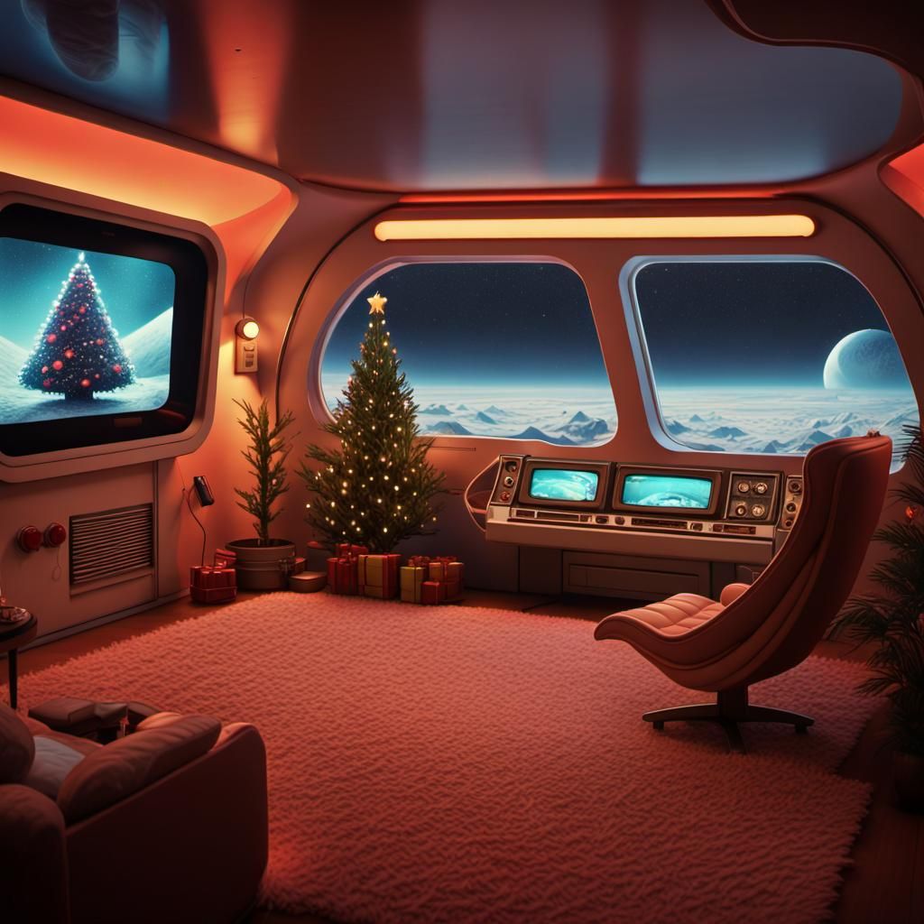 onboard spaceship, '70s interior design, warm lights, contro...