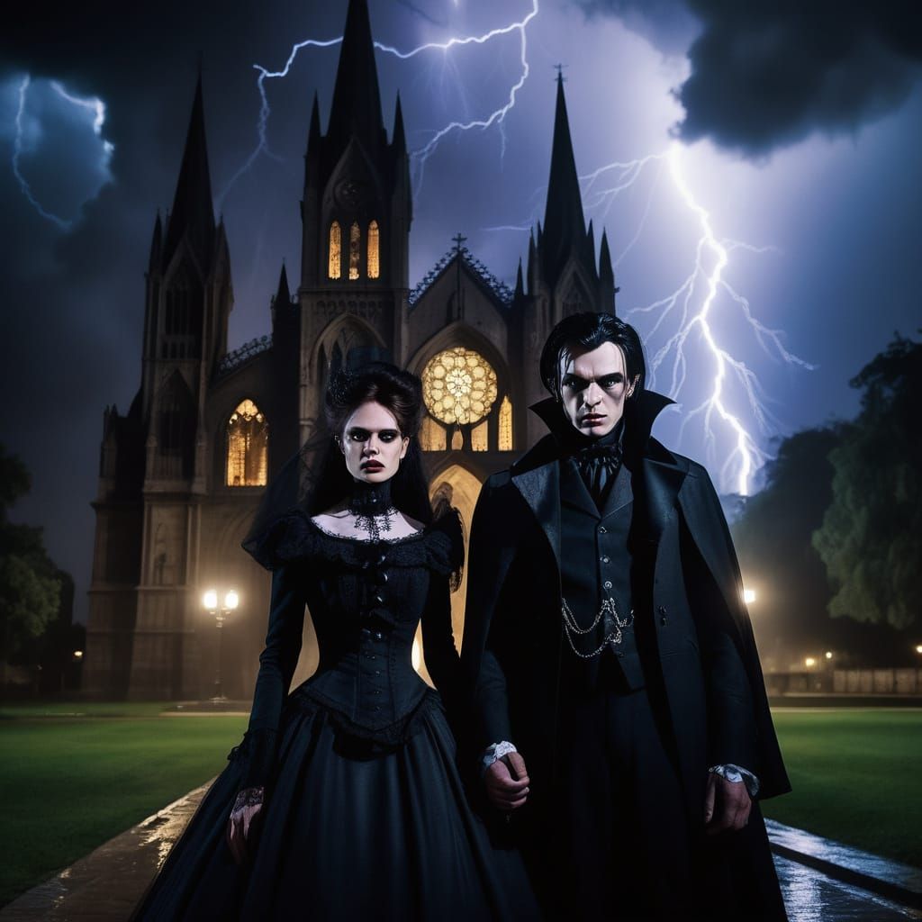 Gothic Vampire Couple in Dark Stormy Night