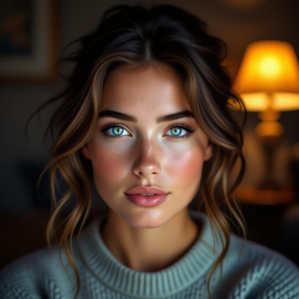 Woman's Calm Eyes with Freckles in Moody Light