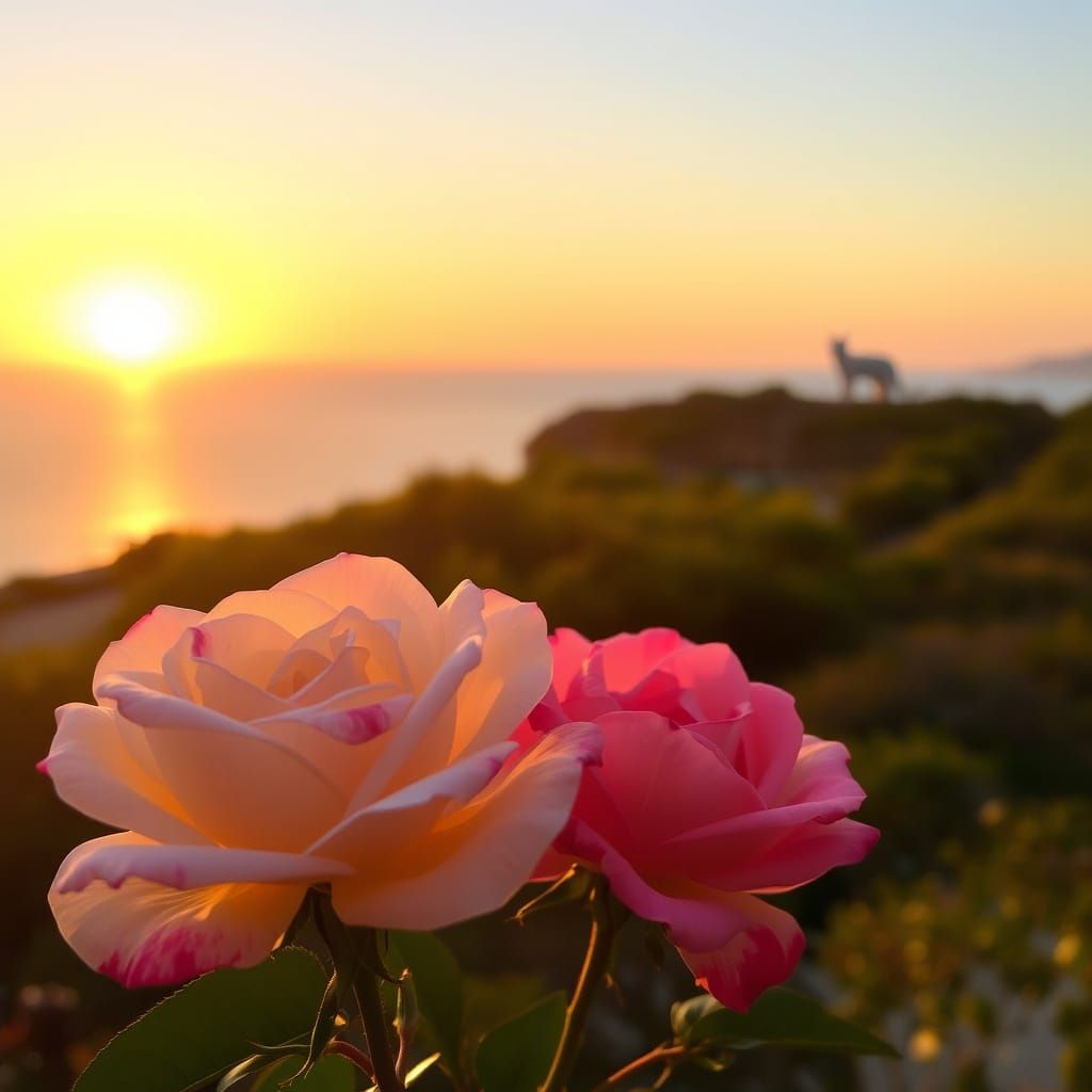 Roses at Sunset with Distant Cat Silhouette