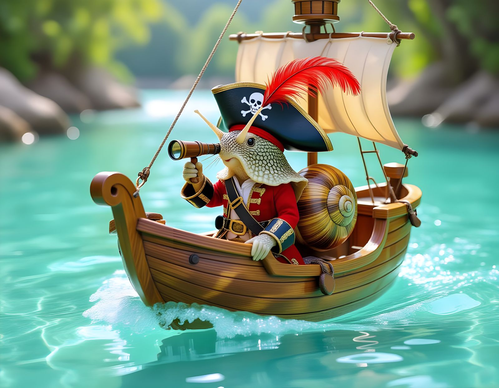 Pirate Snail Sailing a Nutshell Ship