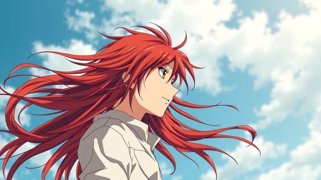 Anime Teen with Red Hair Blows in the Wind, in Full Metal Al...