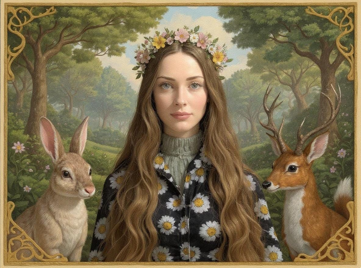 Art Nouveau Woman with Forest Animal Friends