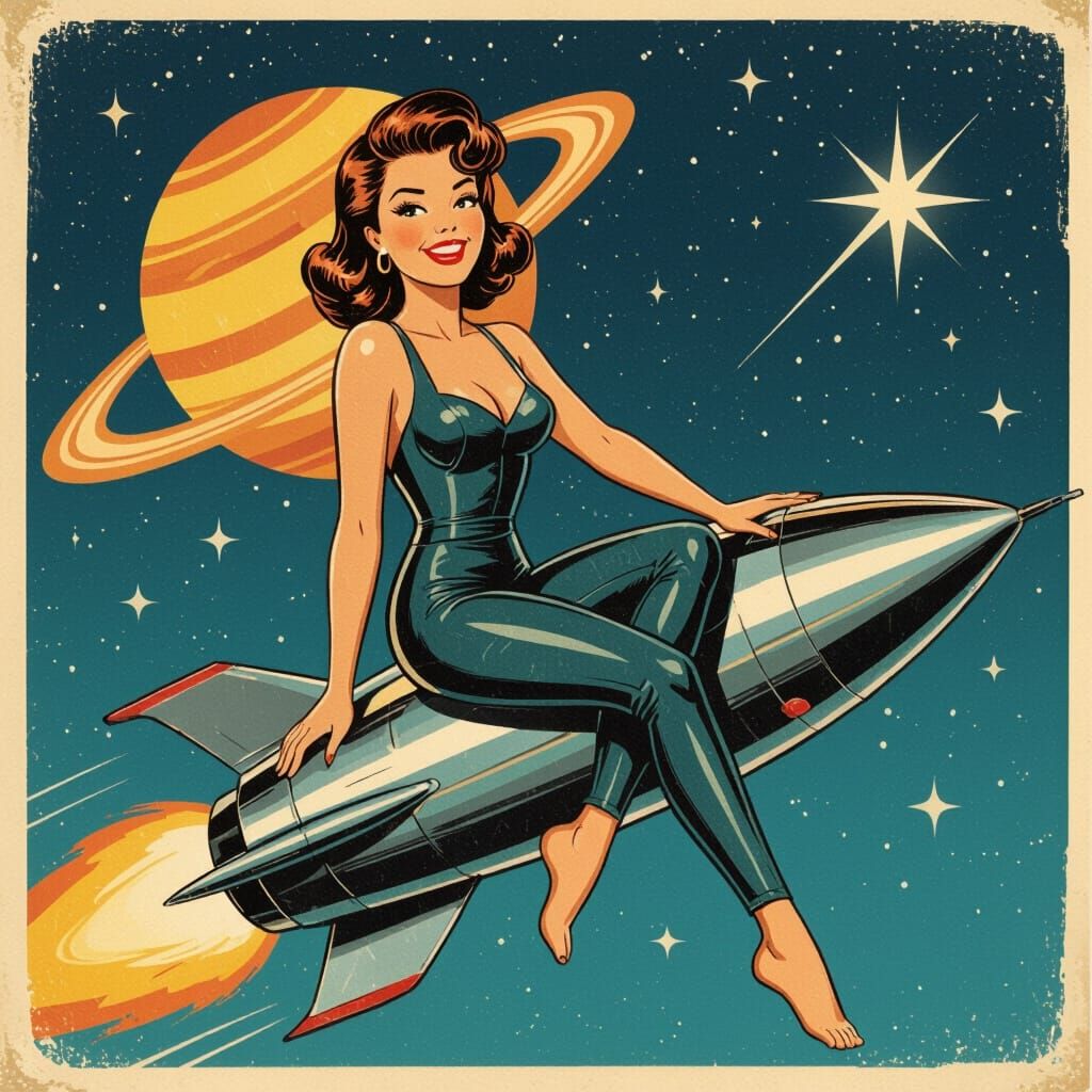 Retro Pin-Up Girl on Rocket Ship in Space