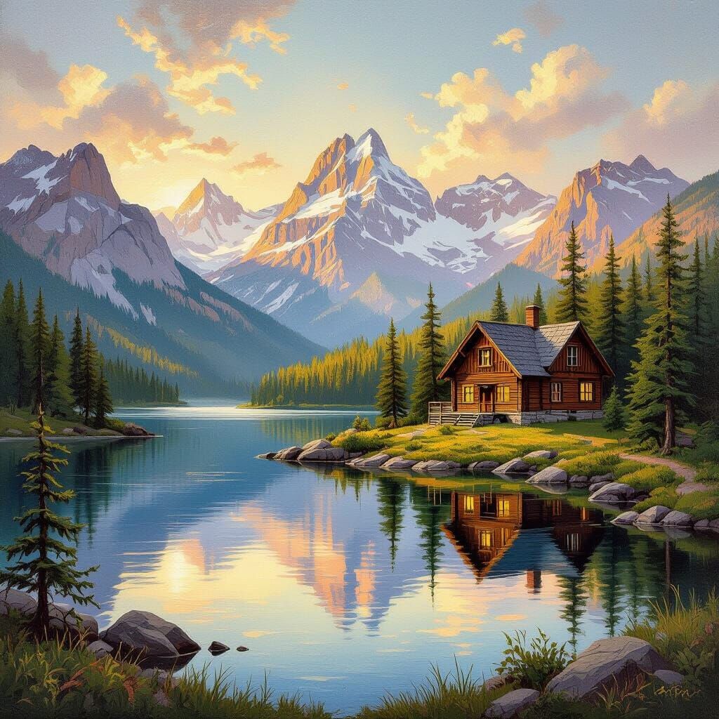 Rustic Cabin by Lake in Golden Mountain Light