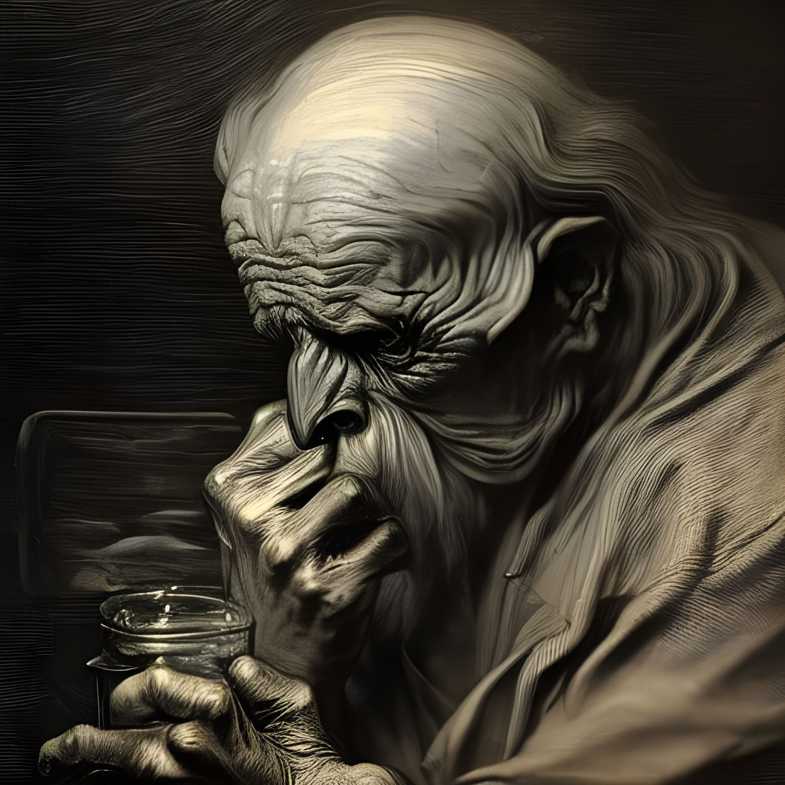 Stern Fisherman at Tablet in Dark Horror Style