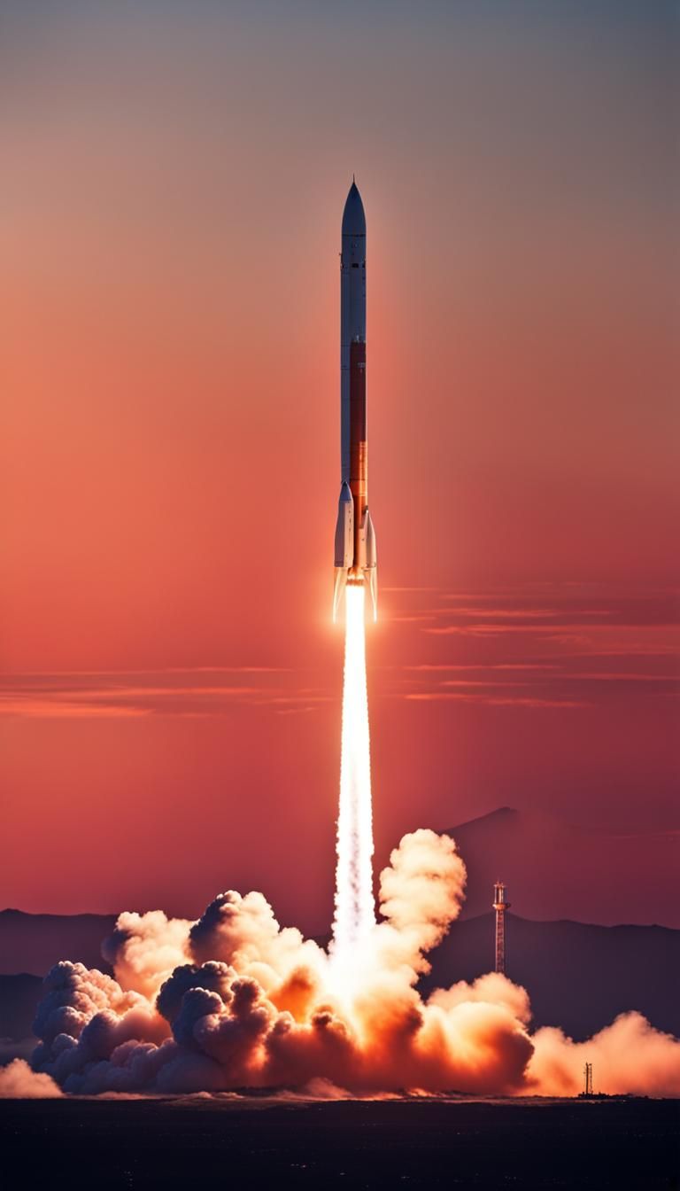 Bright Rocket Launch to Mars at Sunset
