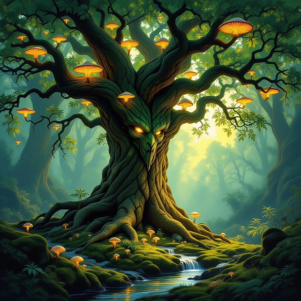 Ancient Tree Spirit in Mystical Forest Clearing