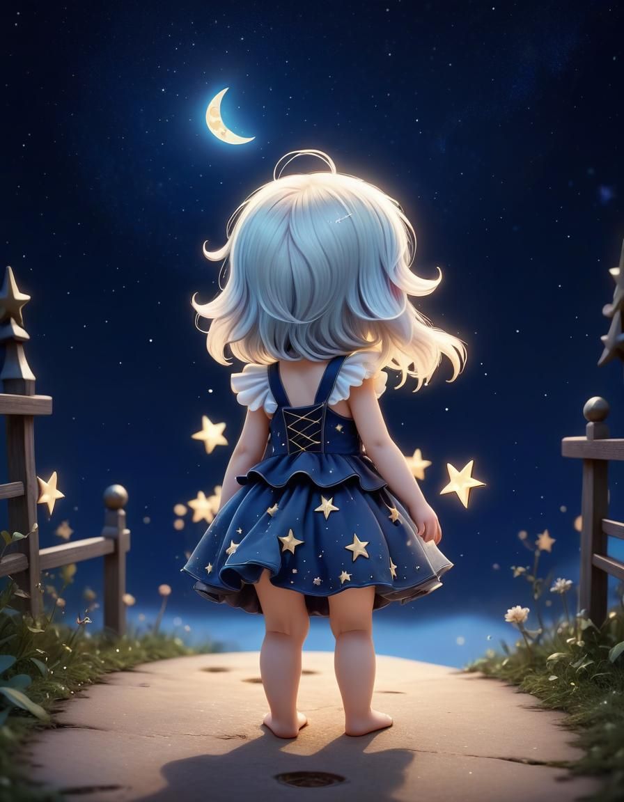 Chibi Star Gazing at Moonlit Sky, Fairycore Style