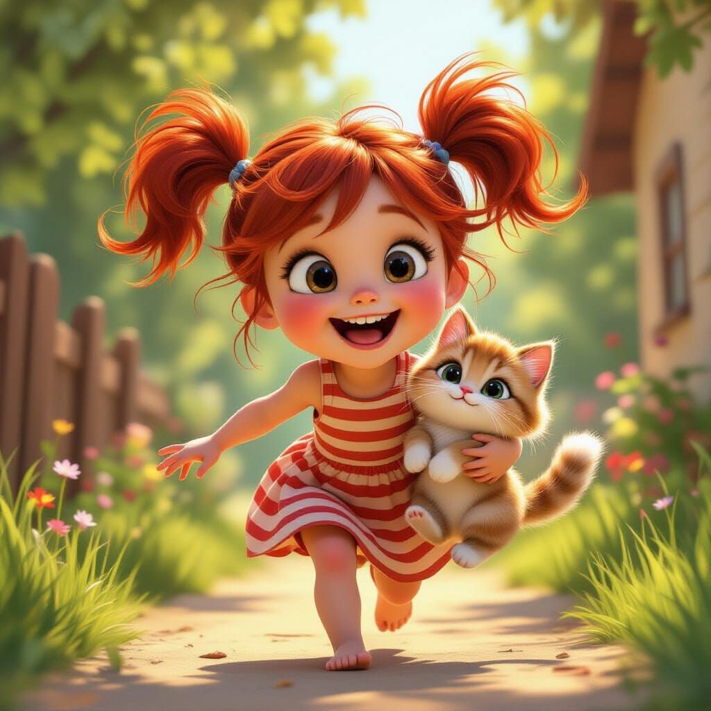 Joyful Girl Runs Barefoot With Fluffy Kitty