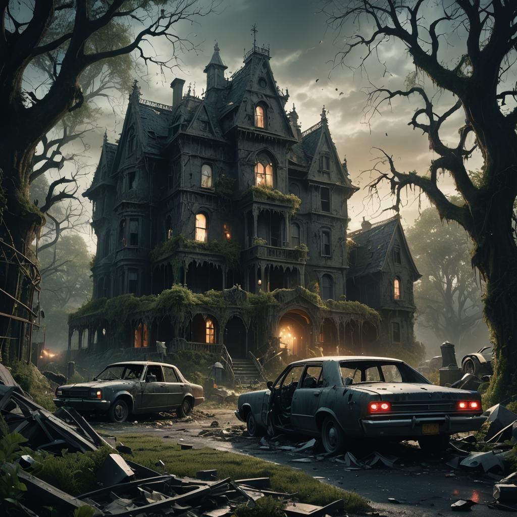 Eerie Haunted House with Ghost in Gothic Style