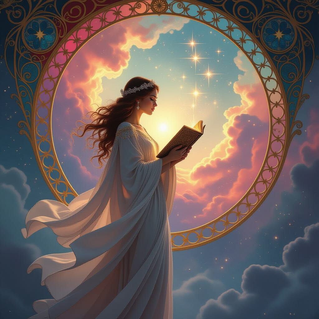 Celestial Being Gazing at Nebula in Art Nouveau Style