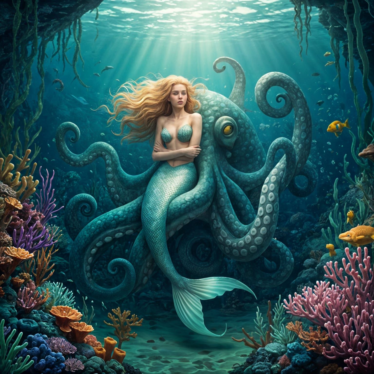 Mermaid and Octopus in Tropical Coral Reef