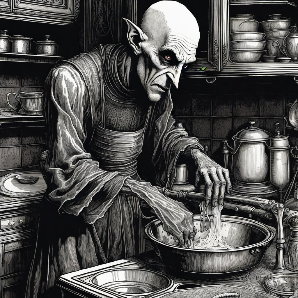 Nosferatu doing the dishes