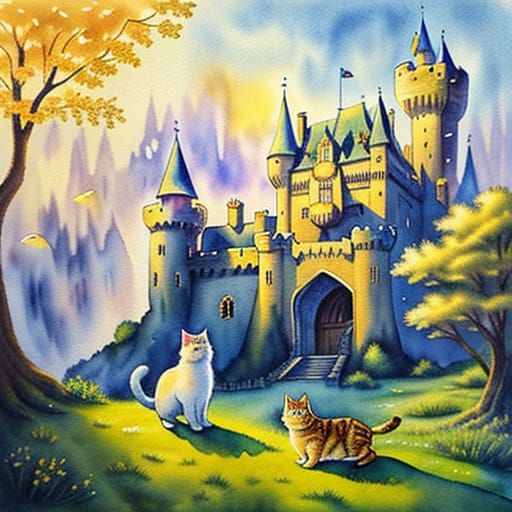 Whimsical Cat in Boots Before Castle in Watercolor Style