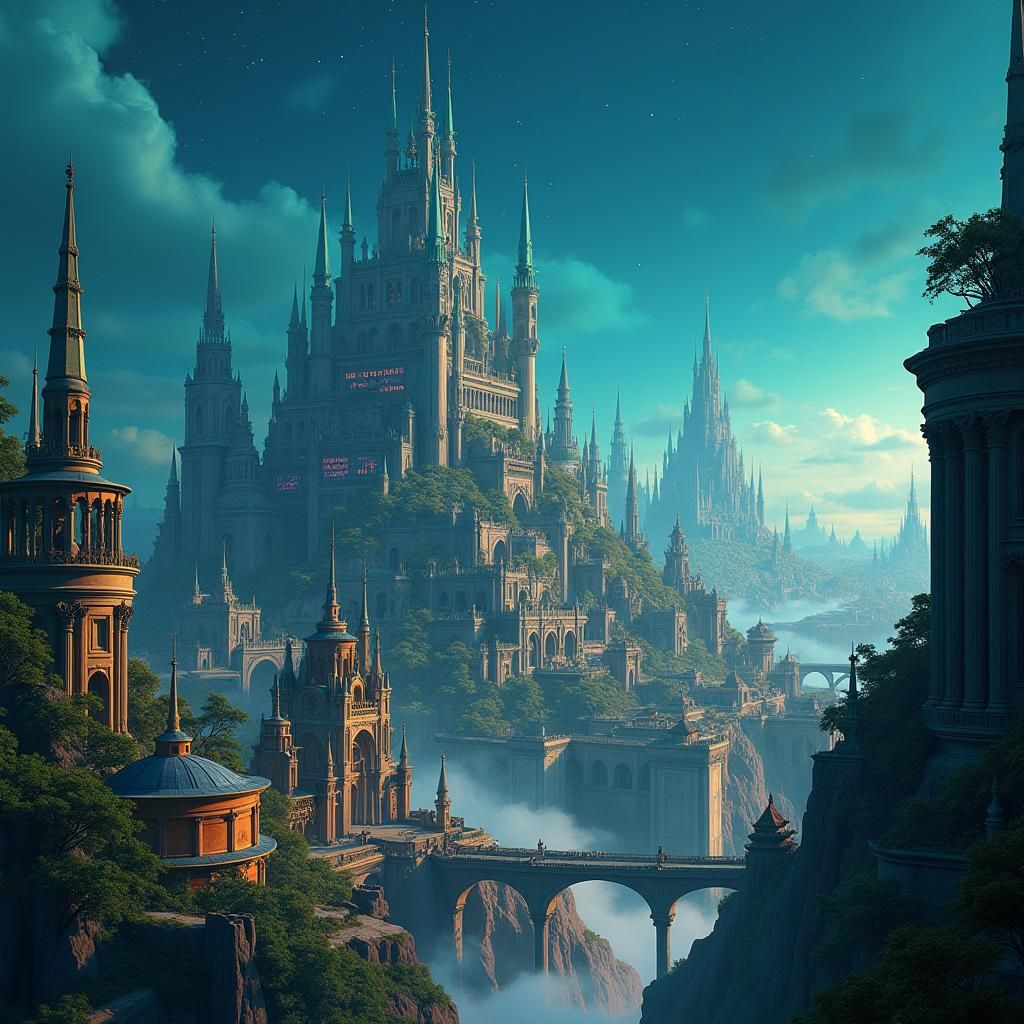 Dreamlike Fantasy Cityscape with Neon and Ancient Architectu...