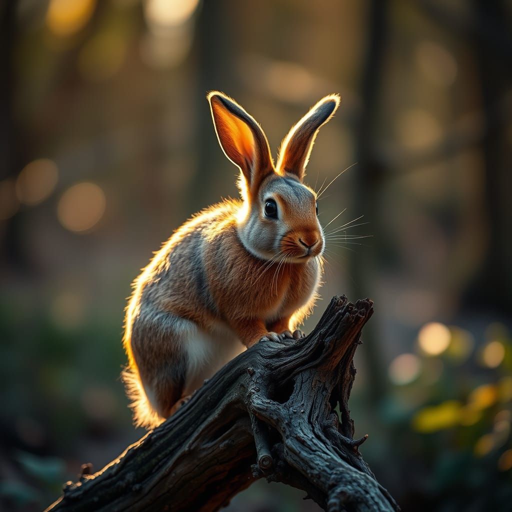 Rabbit Perched on Branch in Golden Sunlight