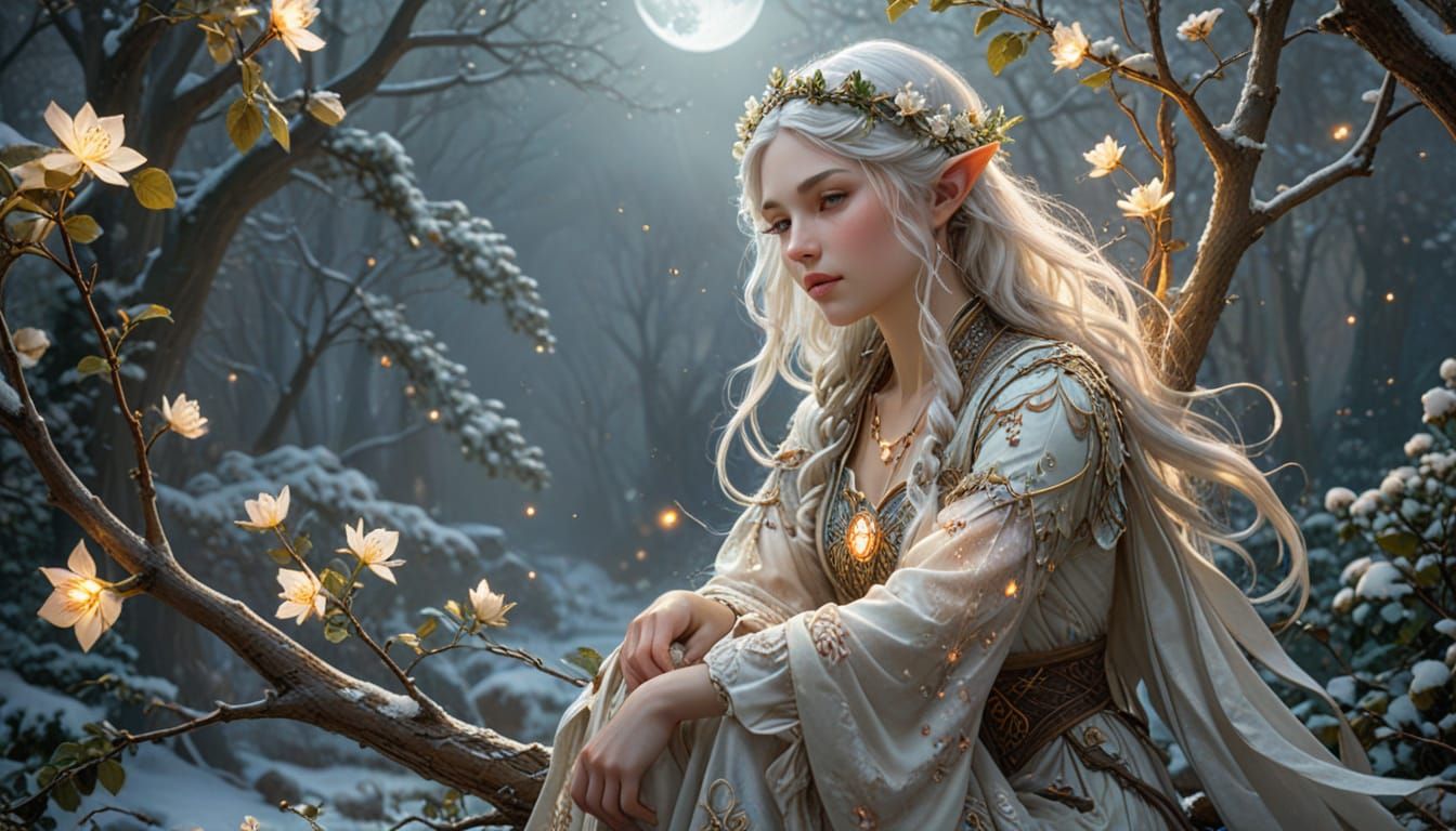 Elven Girl in Winter Landscape, Art Nouveau Portrait