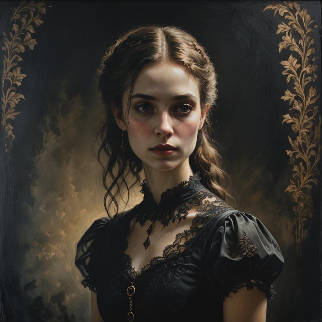 Gothic Portrait Painting of Girl in Black Dress