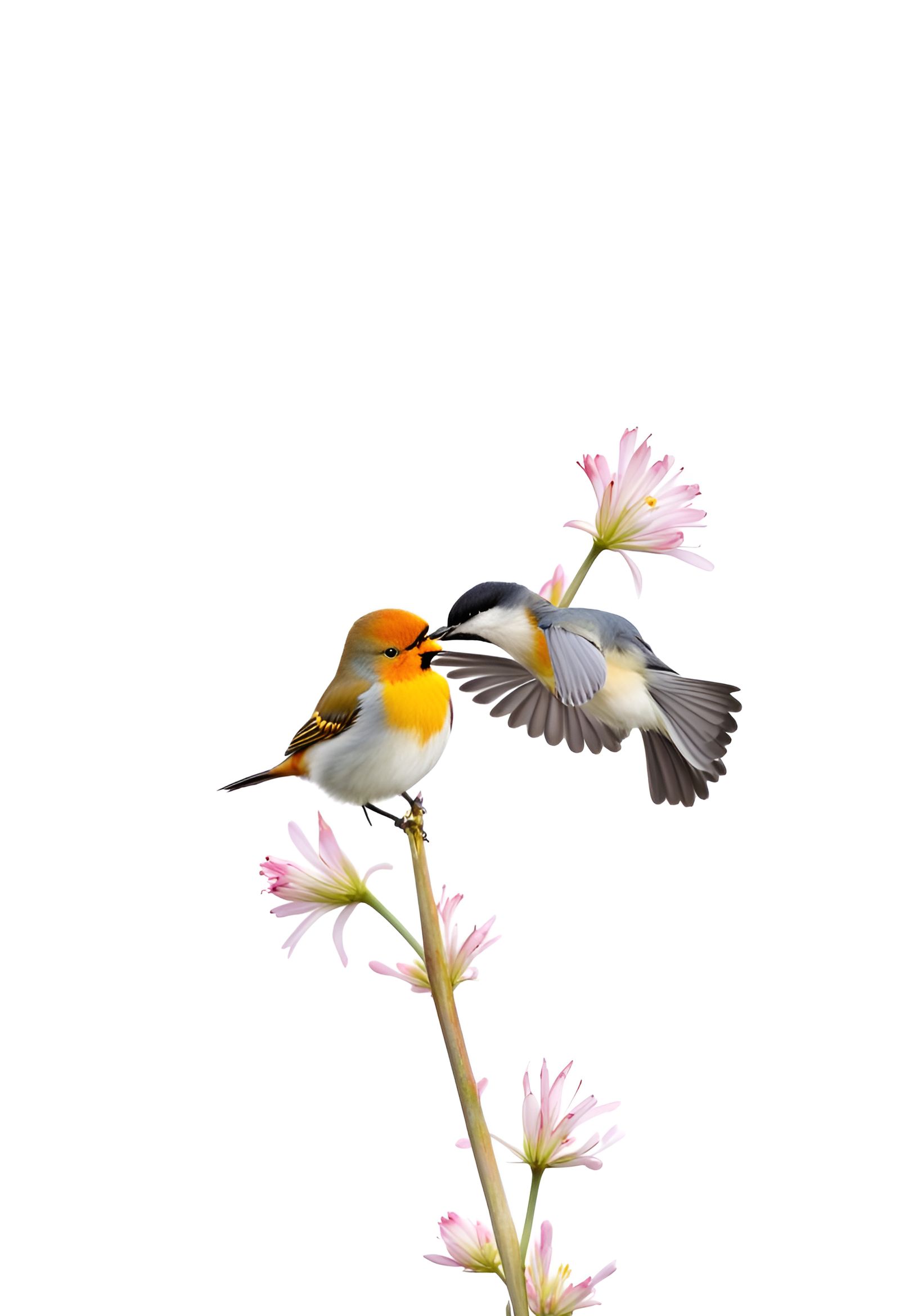 Birds Feeding on Nectar in Spring Meadow