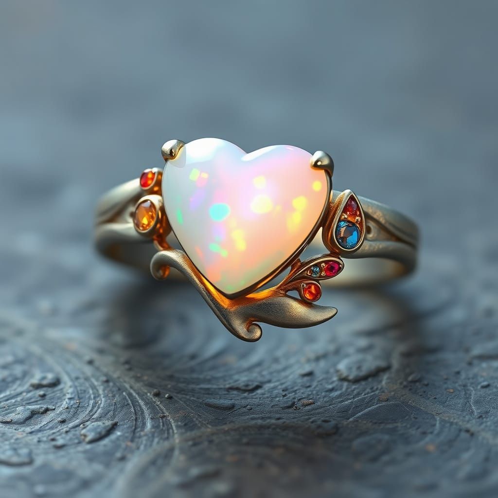 Moonlit Ring with Heart-Shaped Opal and Desert-Inspired Acce...
