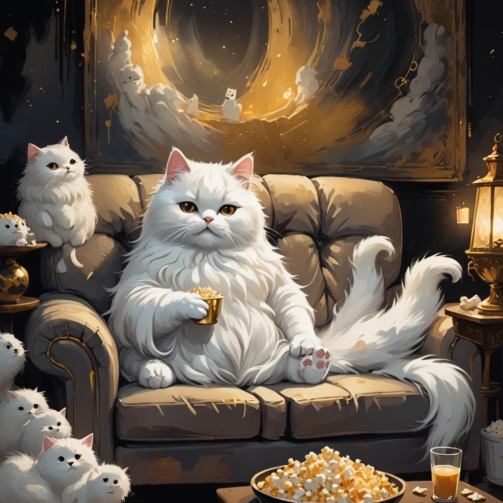 Ghost and Cat Movie Night: Whimsical Fantasy Art