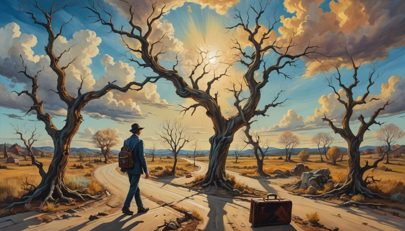 Traveler at Crossroads in Surrealist Oil Painting