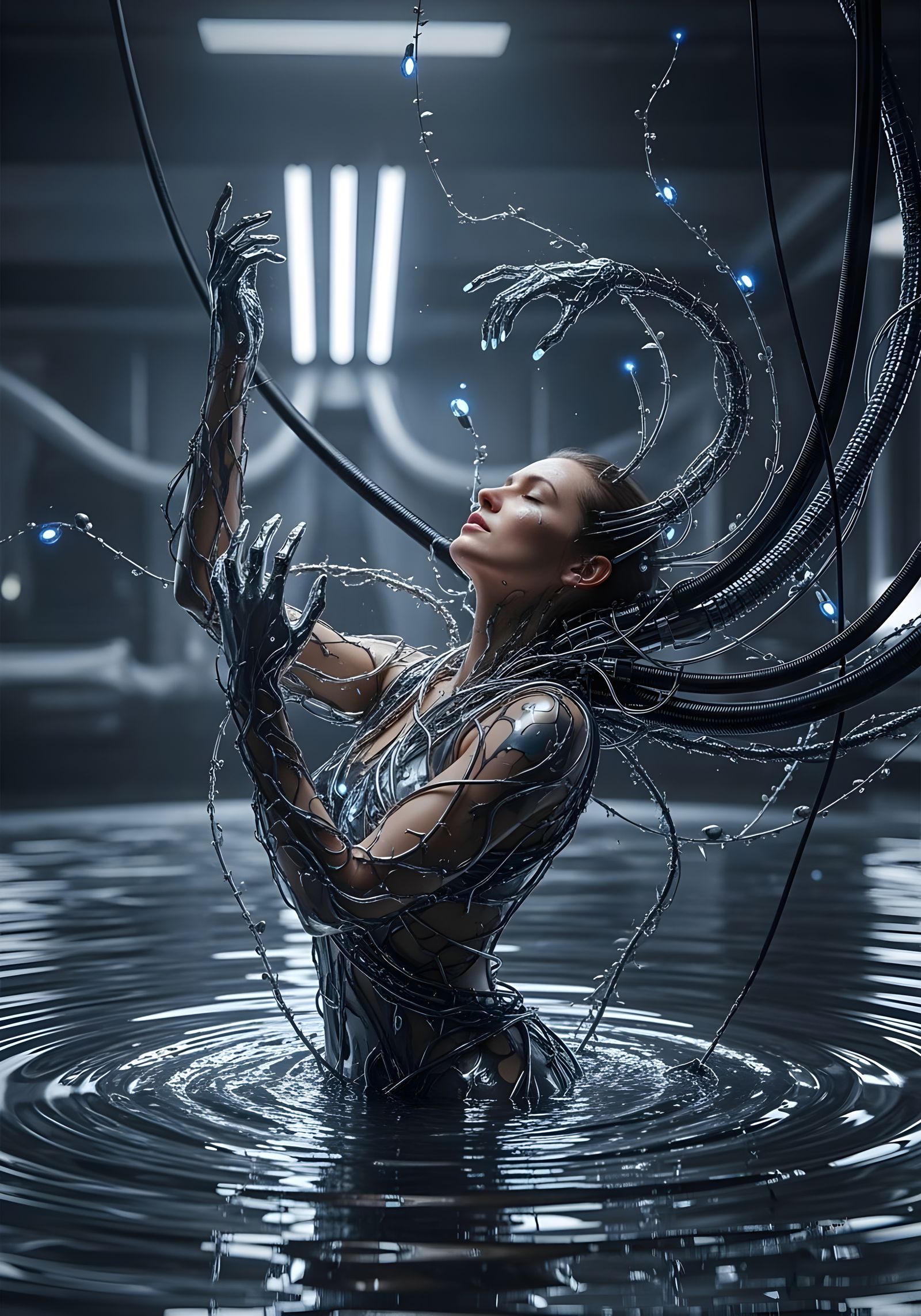Woman Merges With Robotic Tendrils From Liquid Metal Pool