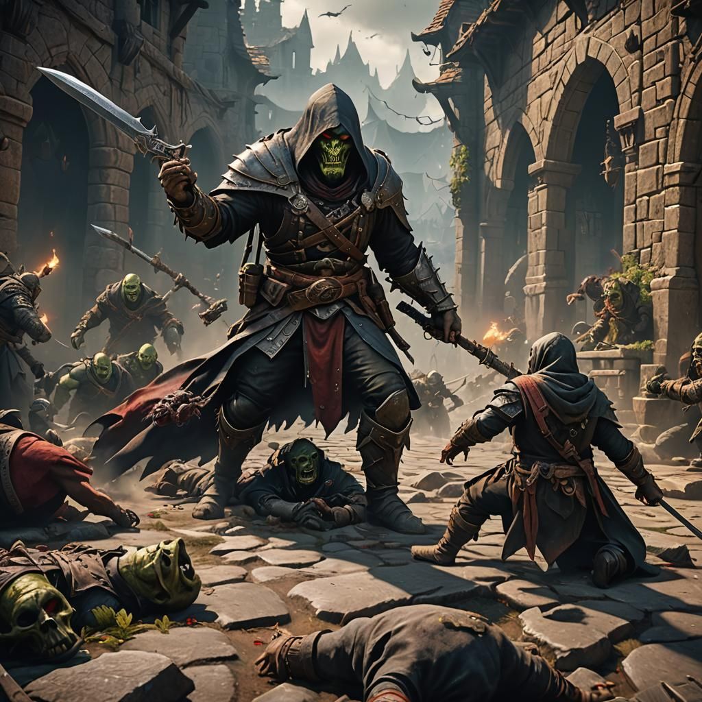 Cloaked Assassin Killing Orc: Fantasy Concept Art