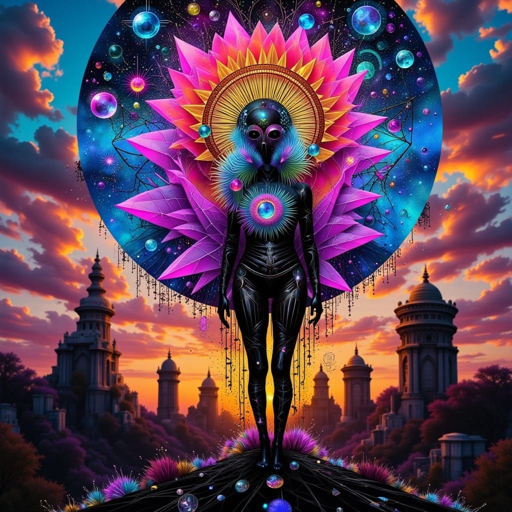 Vibrant Holographic Woman in Sacred Geometry