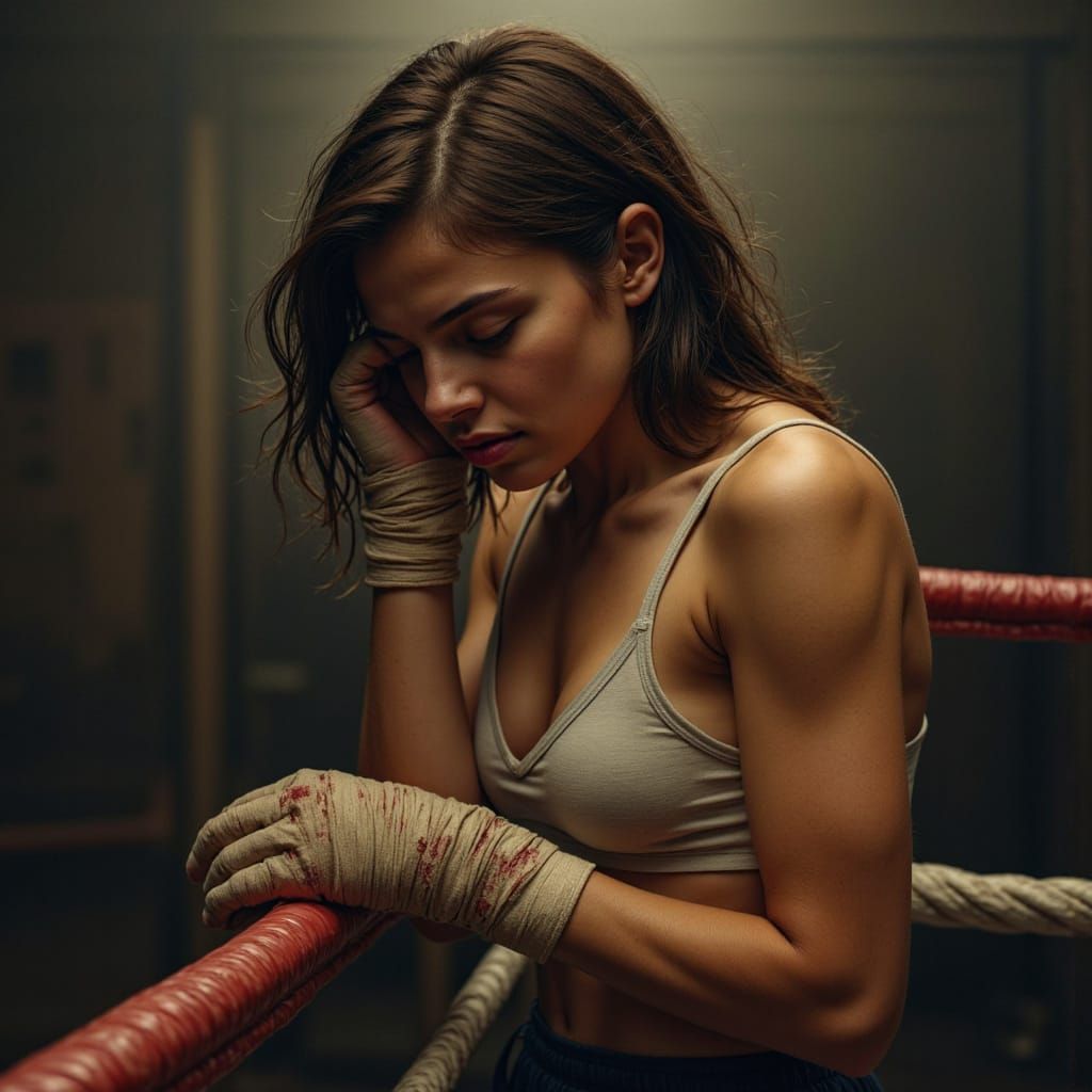 Dark Fantasy Realism: Defeated Woman in Dim Boxing Ring