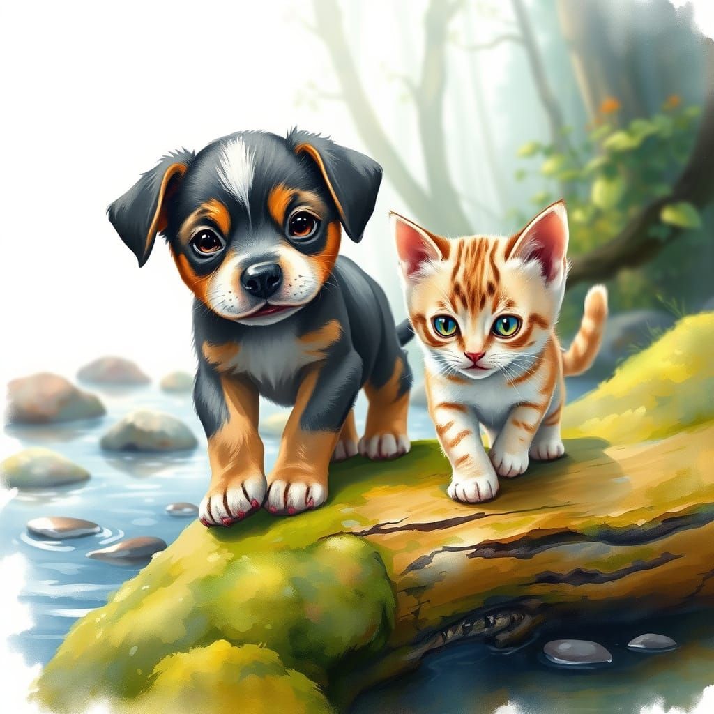 . An endearing baby puppy and an endearing baby kitten wander along a velvety mossy log by a quiet woodland stream, thei...