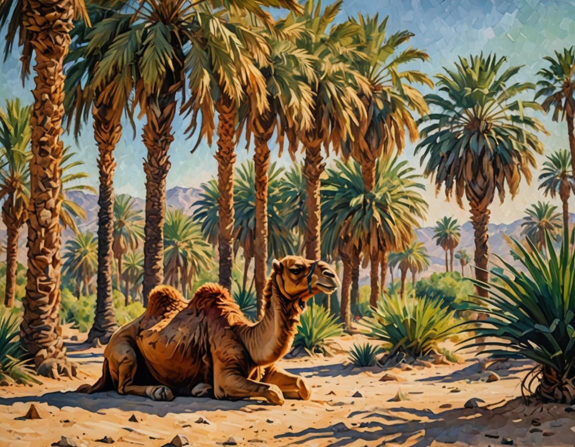 Camel and Palms in Post-Impressionist Style