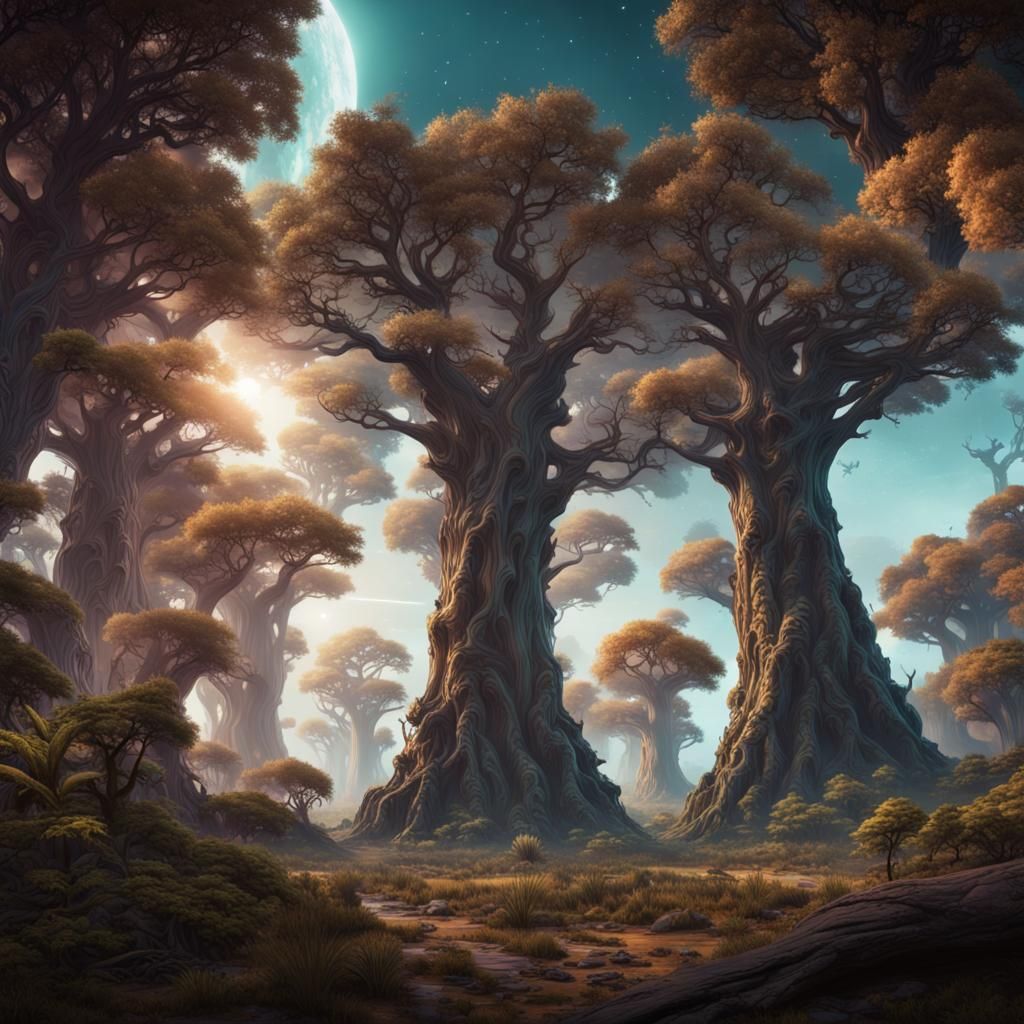 Giant Trees and Planets in Detailed Matte Painting