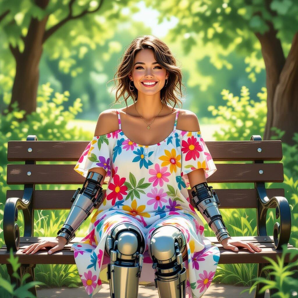 Smiling Amputee on Park Bench in Dreamy Illustration Style