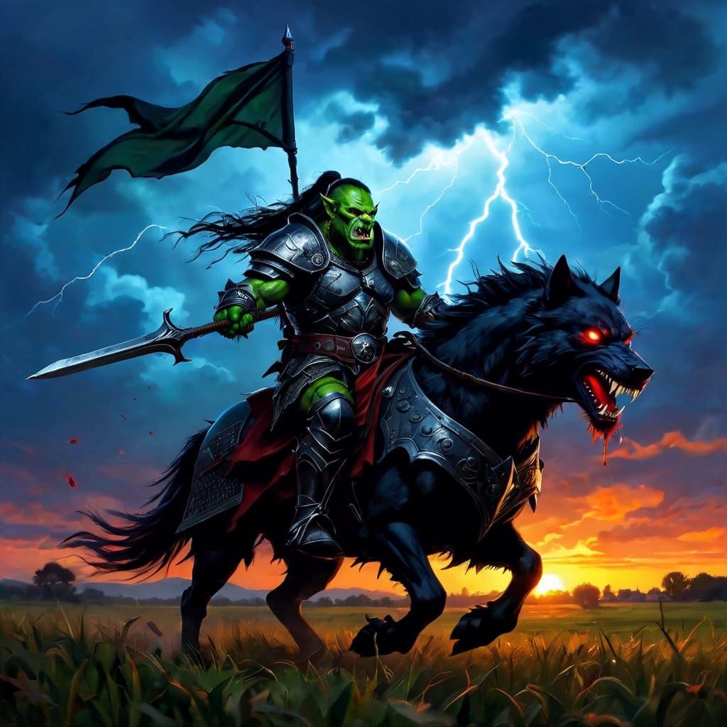 Orc Lancer on Armored Wolf in Magic the Gathering Style