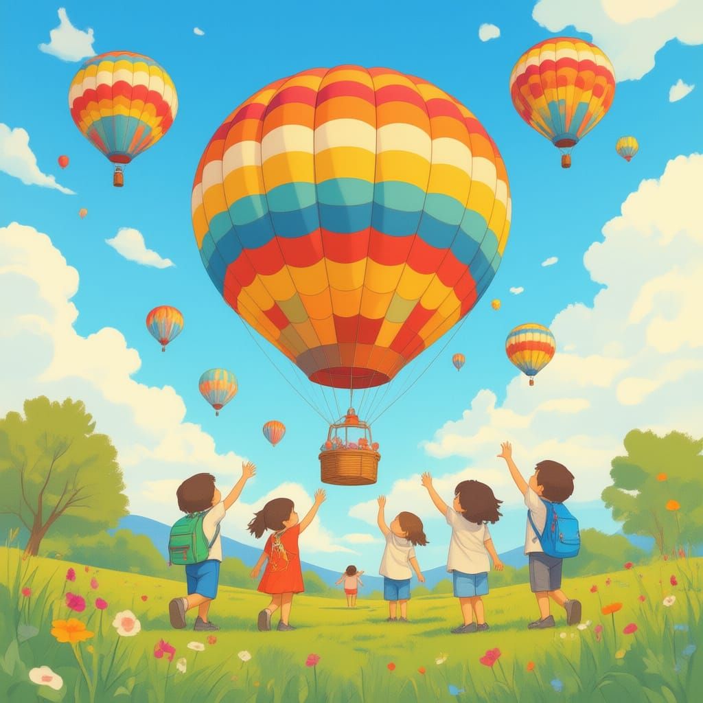 Happy Children Play Under Blue Sky with Hot Air Balloons