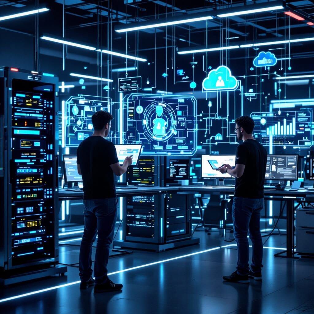 Futuristic Office: Remote Team & Local Tech Support